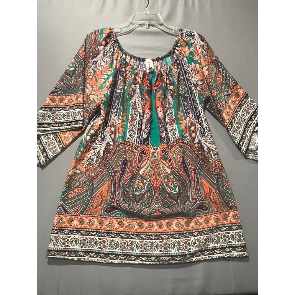 R. Rouge Womens Paisley Print Tunic Top Green Orange Purple Boho T-2474 Large